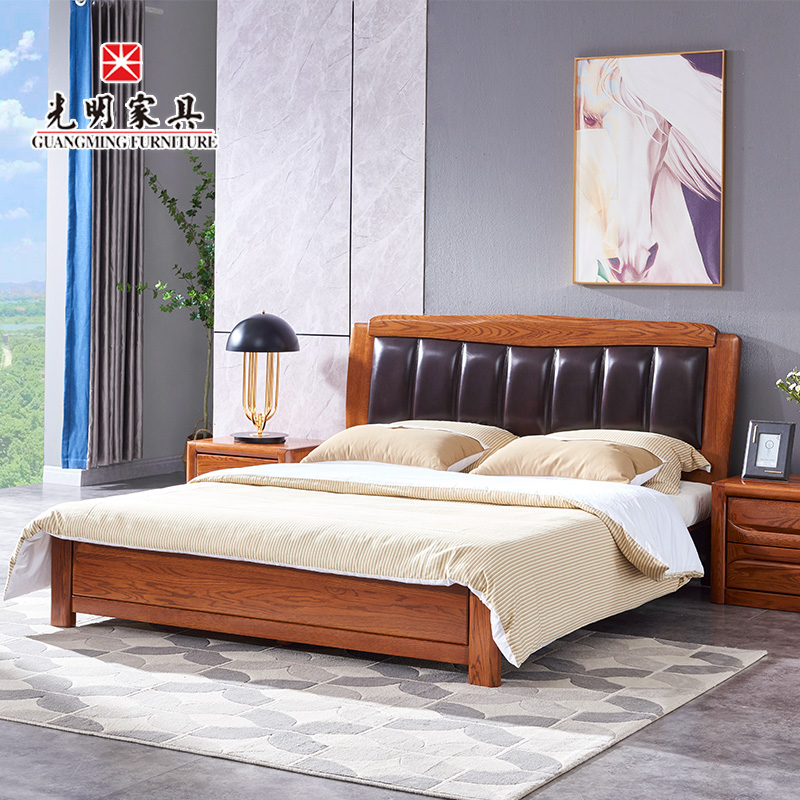 【光明家具】卧室皮床 北美进口红橡木实木床 现代中式1.8米双人床 GY89-1575-191